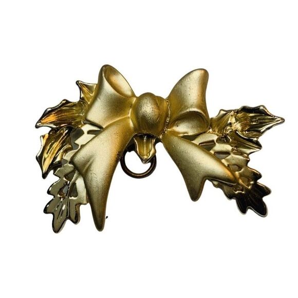 Vintage Gold Tone Christmas Bow Holiday Pendant Brooch Pin.  2in - Picture 4 of 6